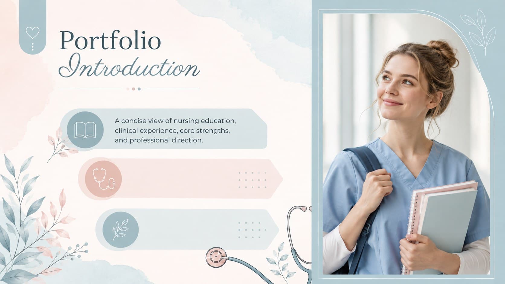 Nursing portfolio introduction slide presenting a student profile and professional purpose in a pastel medical design.