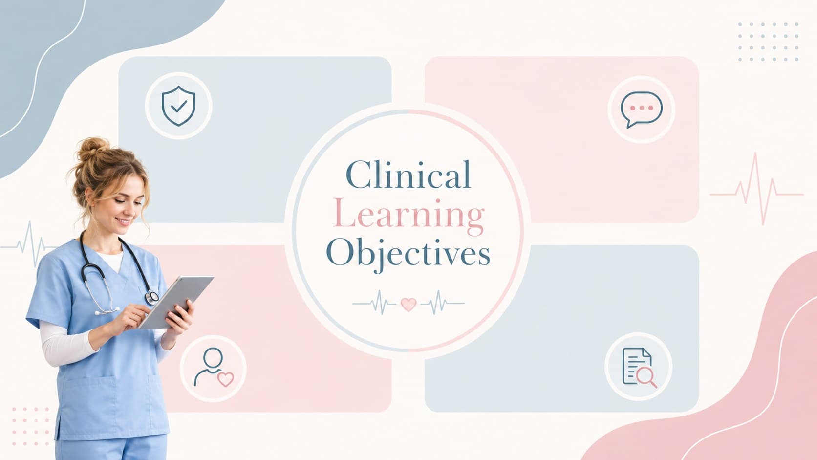 Clinical training presentation template slide summarizing four nursing learning objectives.