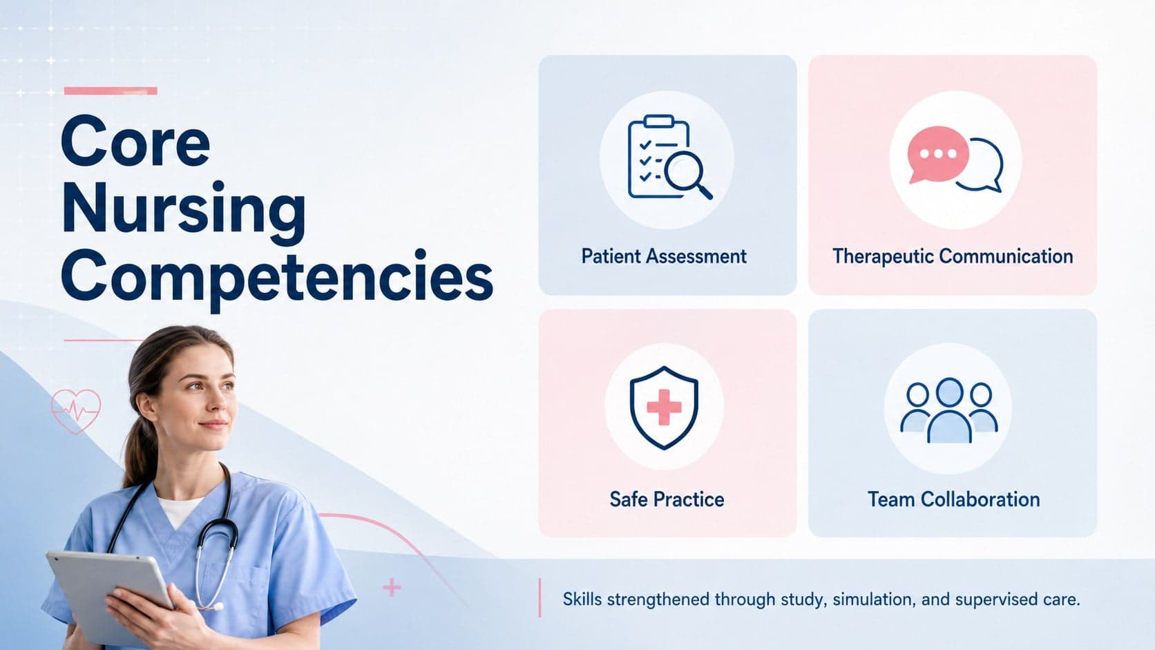 Pastel nursing competencies slide highlighting assessment, communication, safety, and teamwork skills.