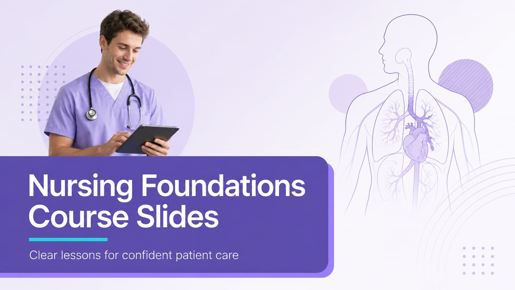 Cover slide for nursing foundations course slides with a modern purple medical education design.