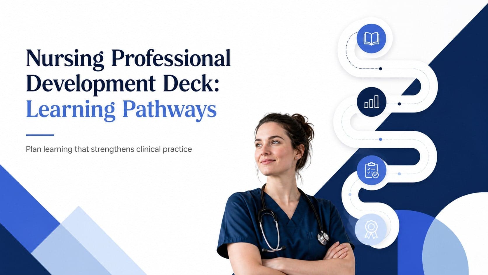 Cover slide introducing a nursing professional development deck with a calm blue geometric healthcare design.
