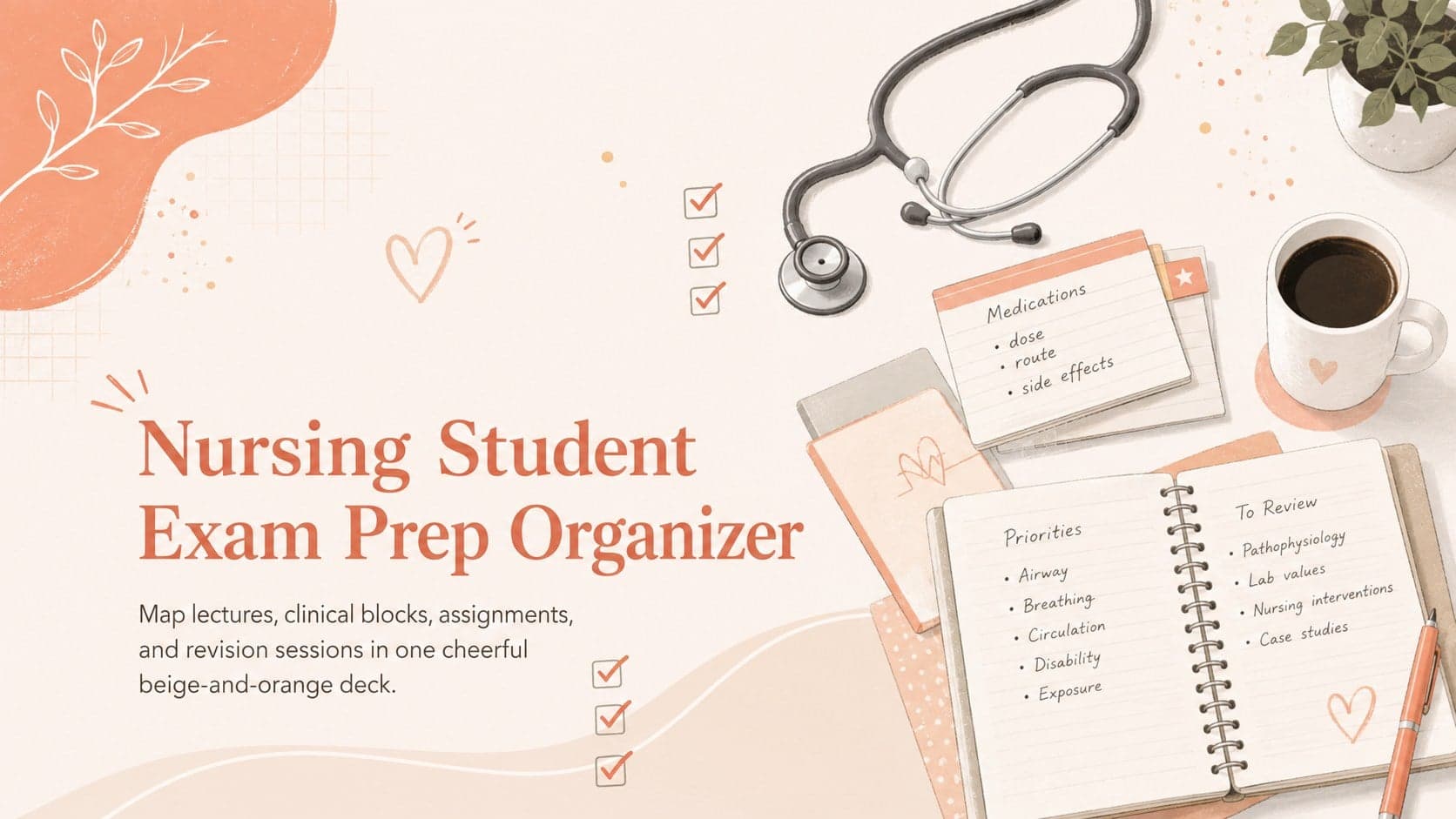 Cover for a nursing student exam prep organizer with beige and pastel orange medical illustrations.