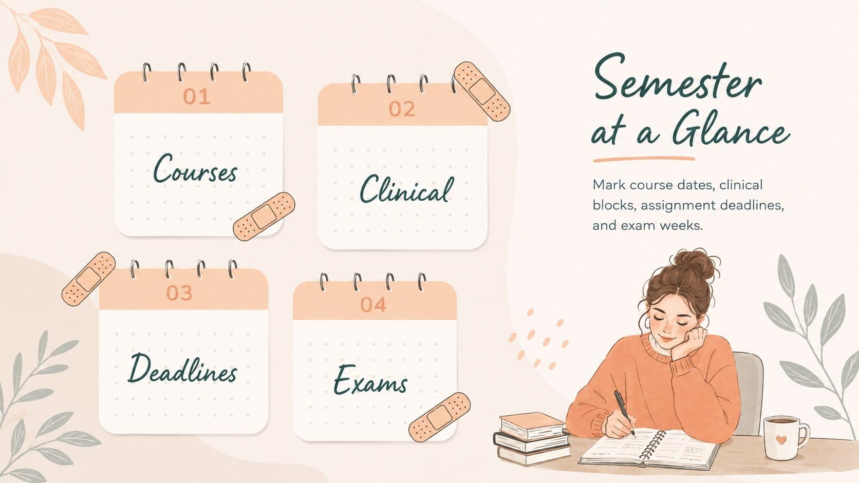 Semester overview slide from an editable nursing semester organizer with milestone and deadline areas.