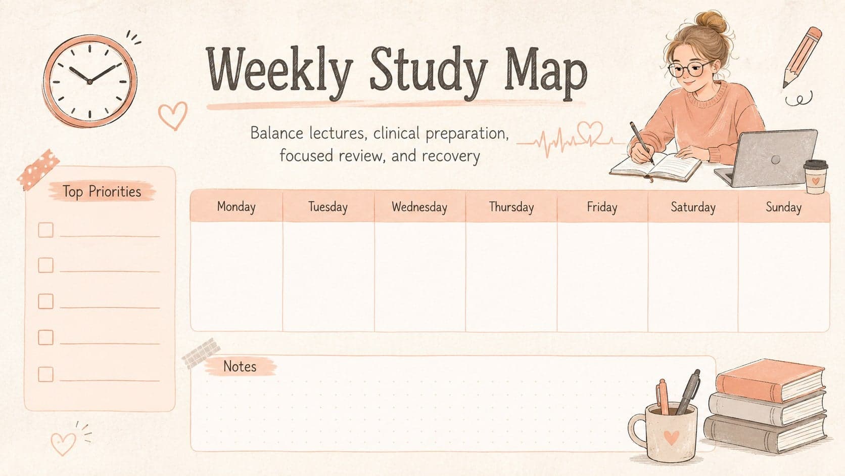Weekly nursing study planner with separate areas for lectures, clinical work, review, and rest.