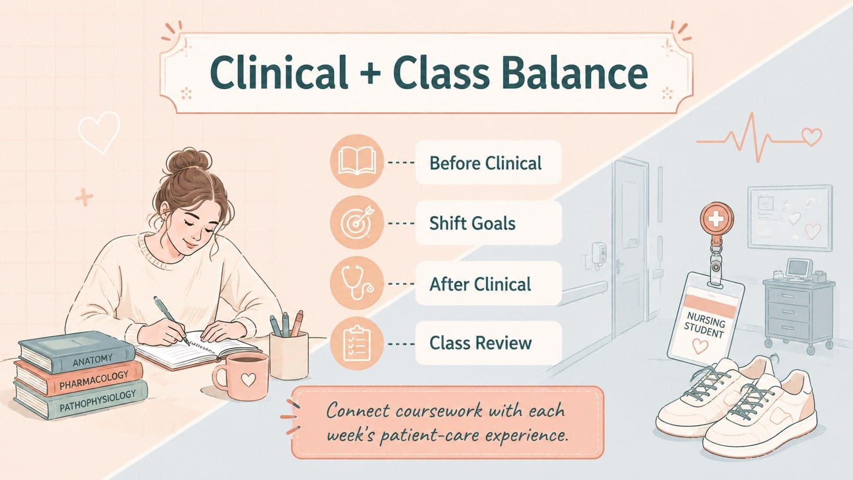 Clinical rotation study schedule comparing class preparation, shift goals, and follow-up review.