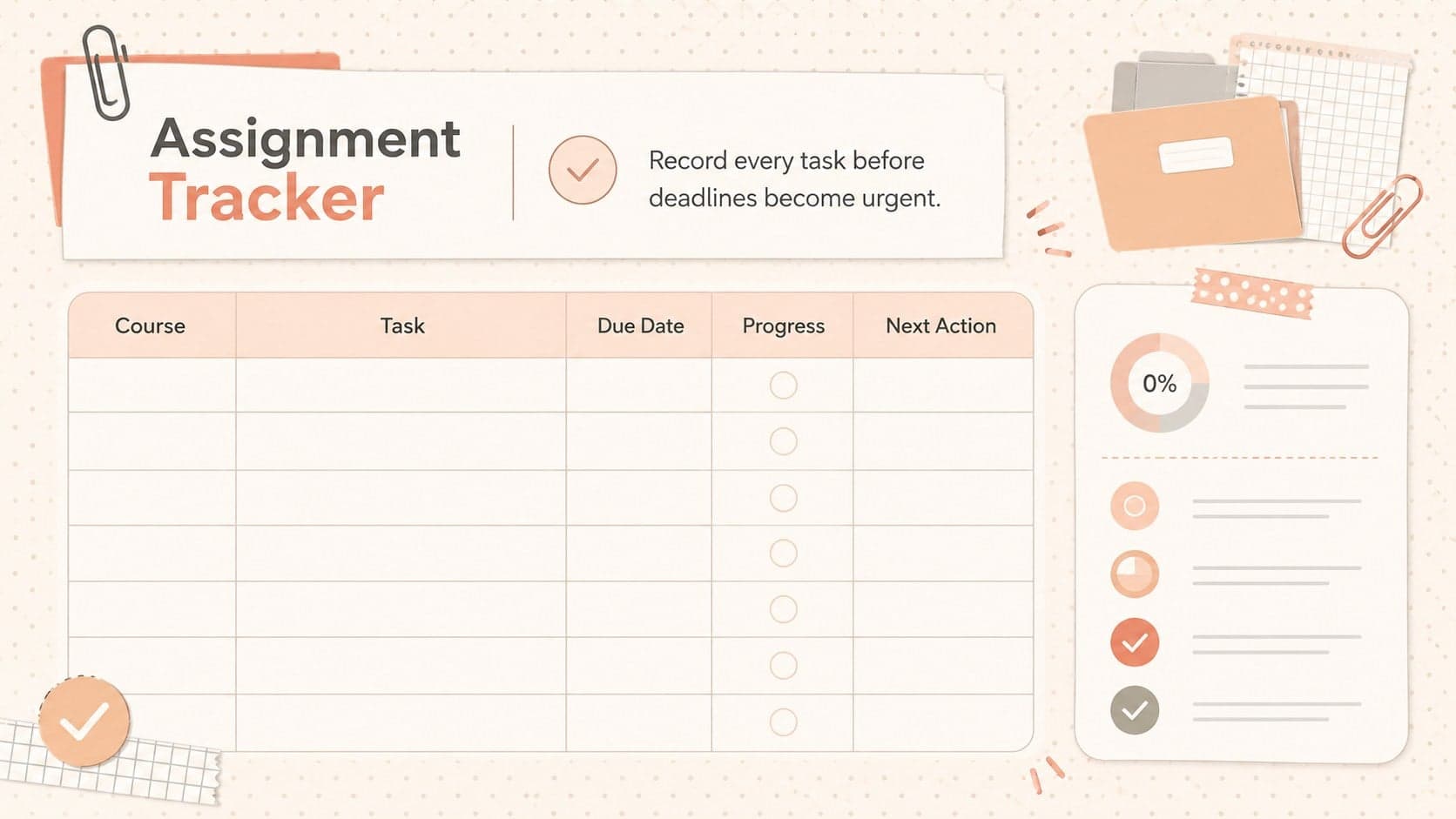 Nursing course assignment tracker with columns for due dates, progress, and next actions.