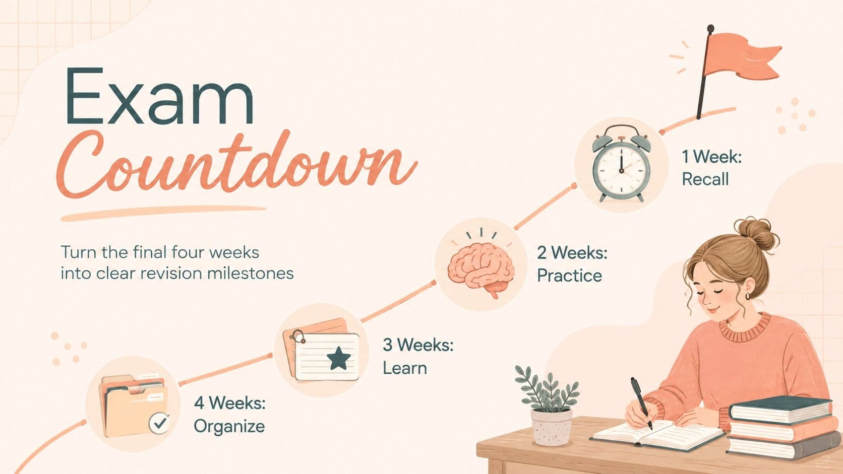 Nursing school exam countdown template with a four-week revision timeline and milestone markers.