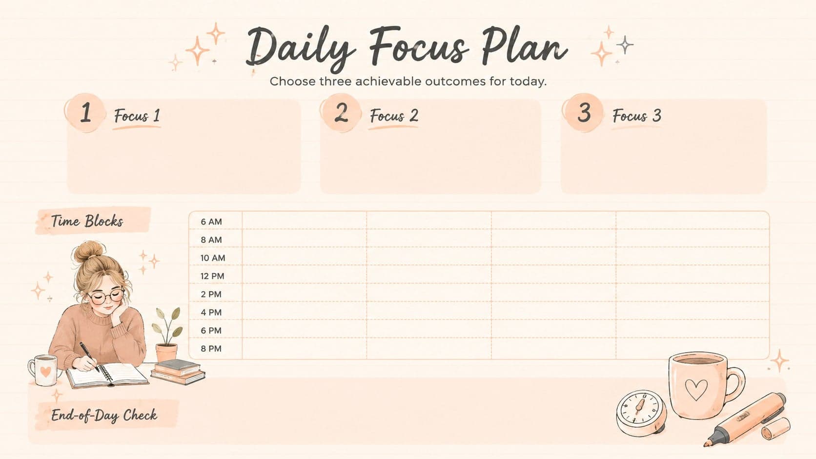 Daily nursing study planner showing three focus tasks, time blocks, and an end-of-day check.