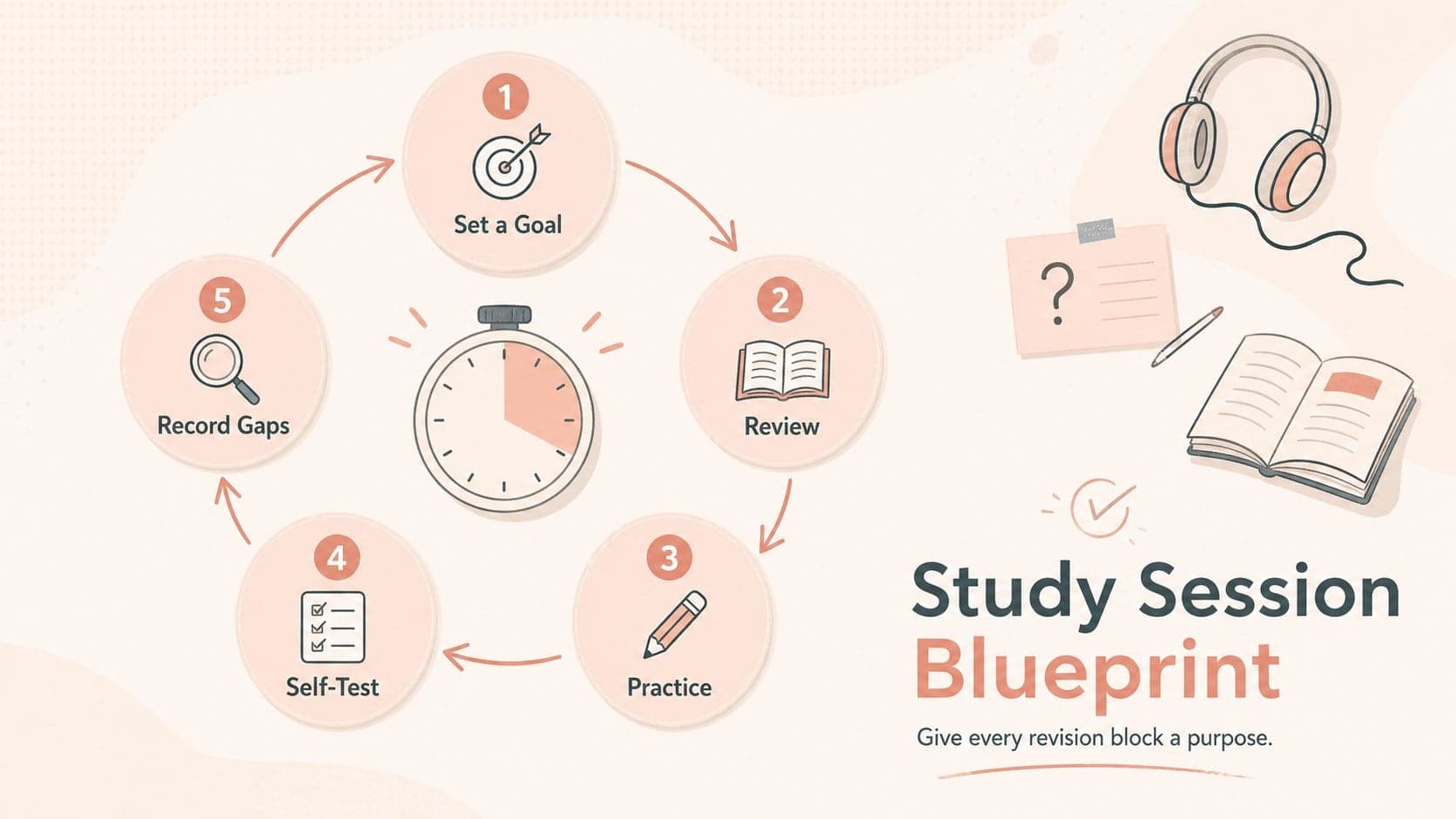 Nursing exam revision planner outlining a focused study session from goal setting through self-testing.