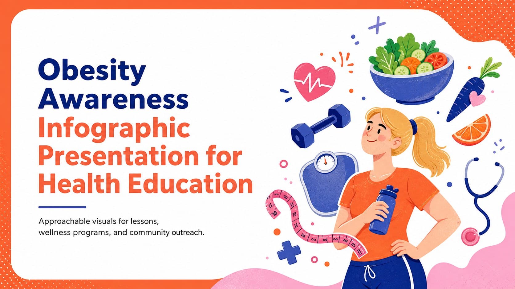 Cover of an obesity awareness infographic presentation with colorful health doodles and a bold educational headline.