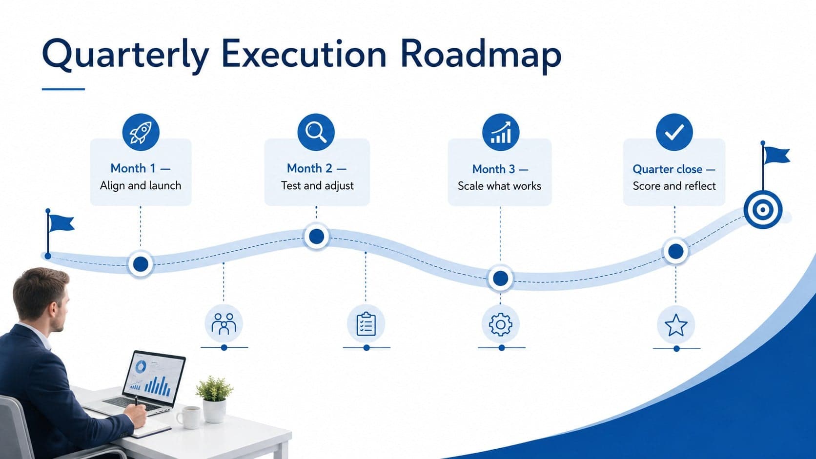 Company goals roadmap showing quarterly milestones from planning through final review.