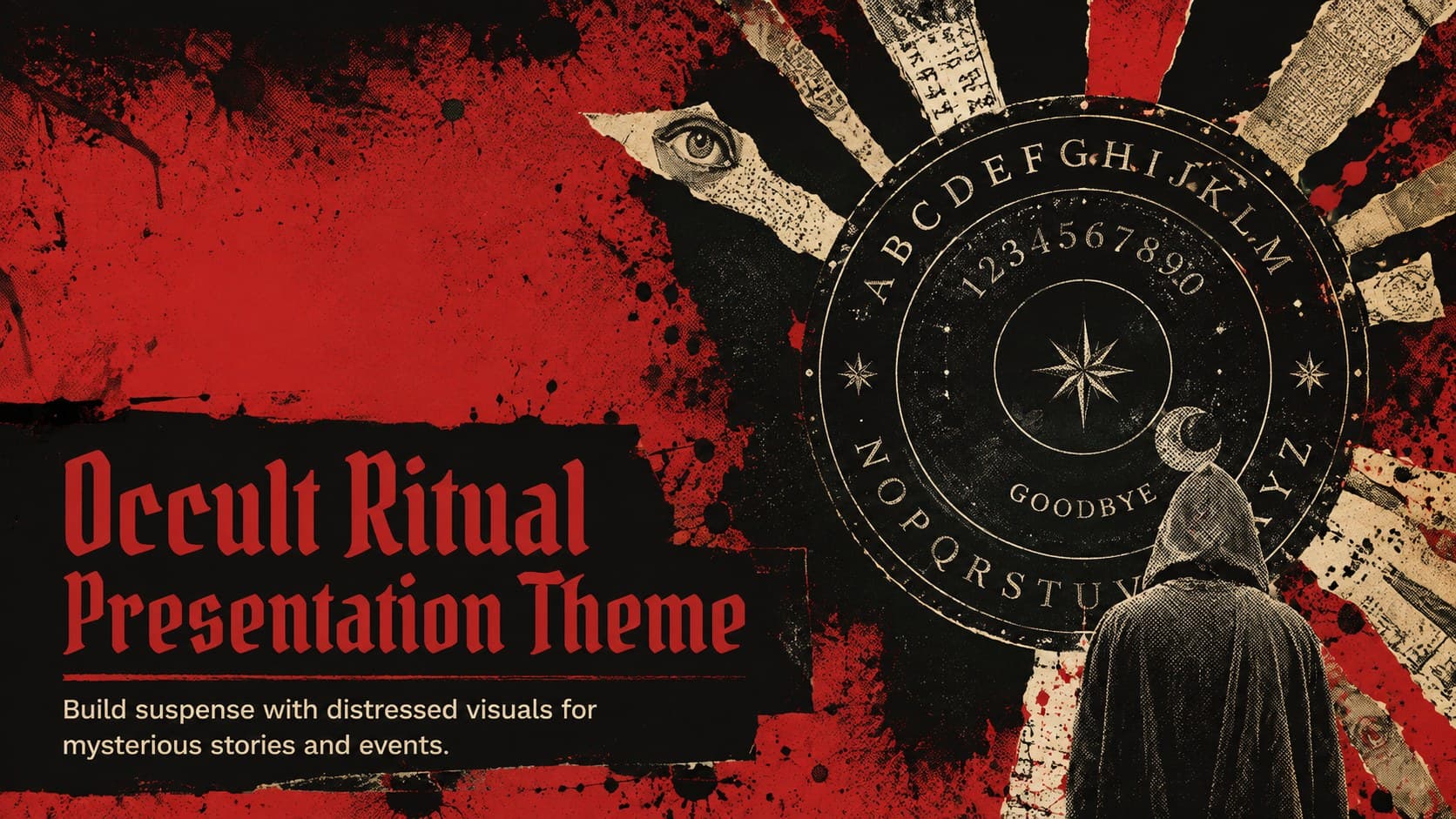 Cover of an occult ritual presentation theme with distressed red, black, and beige graphics.