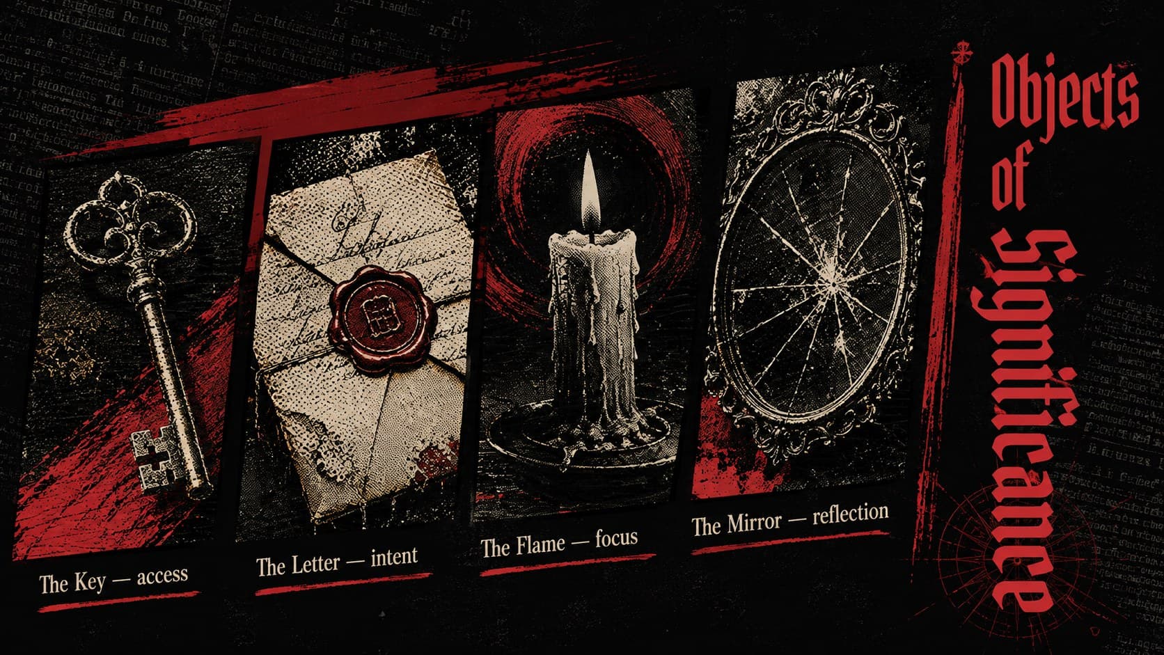 Vintage occult presentation template slide displaying symbolic ritual objects and short descriptions.