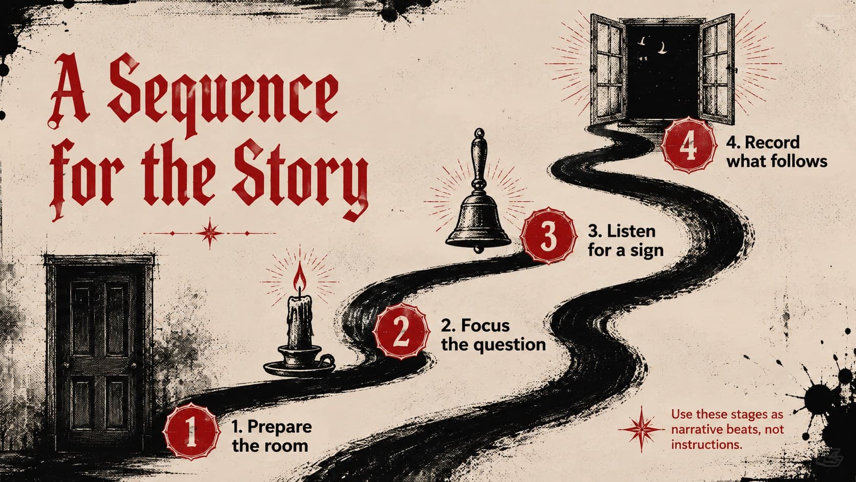 Spirit circle slide deck page showing a four-stage ritual sequence in a bold grunge layout.