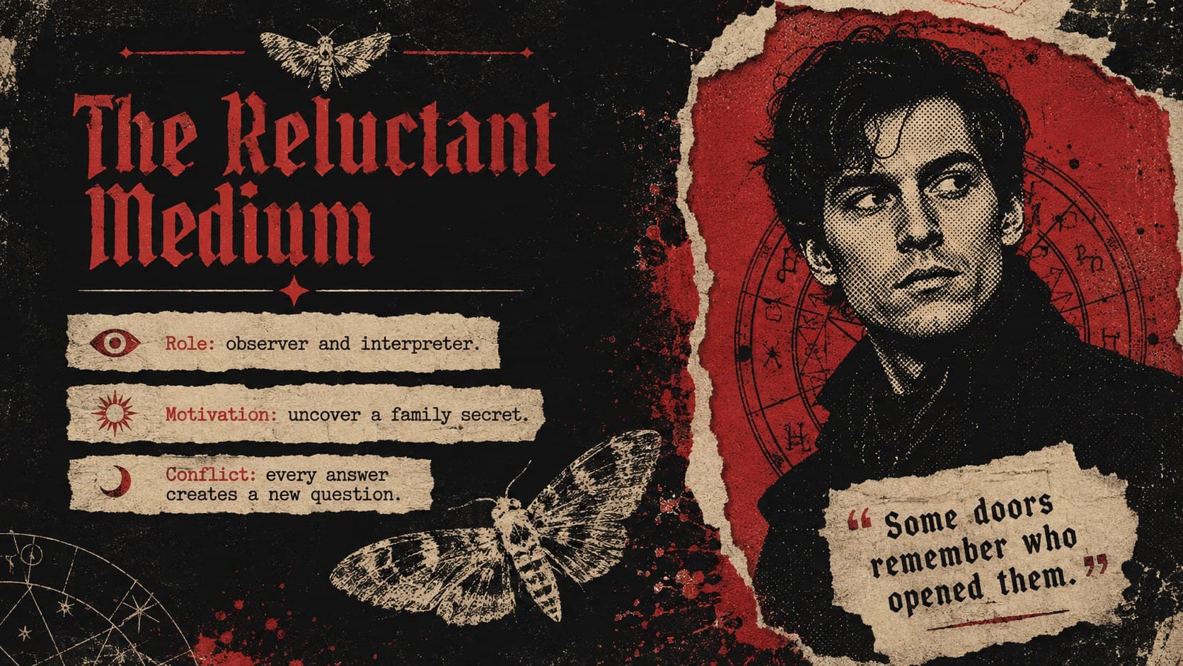 Gothic character profile slide for an occult fiction or supernatural folklore presentation.
