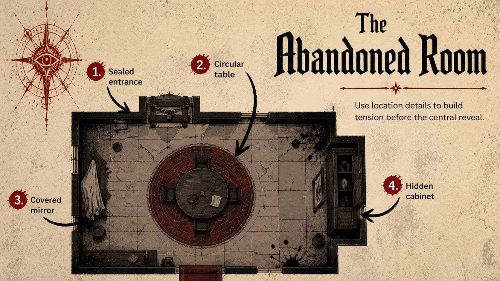 Mystical event presentation design with a map-style layout for an abandoned gathering room.
