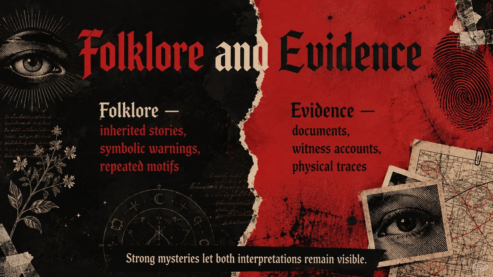 Red and black gothic presentation comparison of folklore claims and narrative evidence.