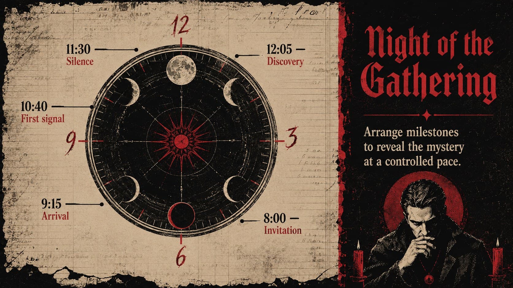 Supernatural folklore slides timeline tracing events from invitation to final discovery.