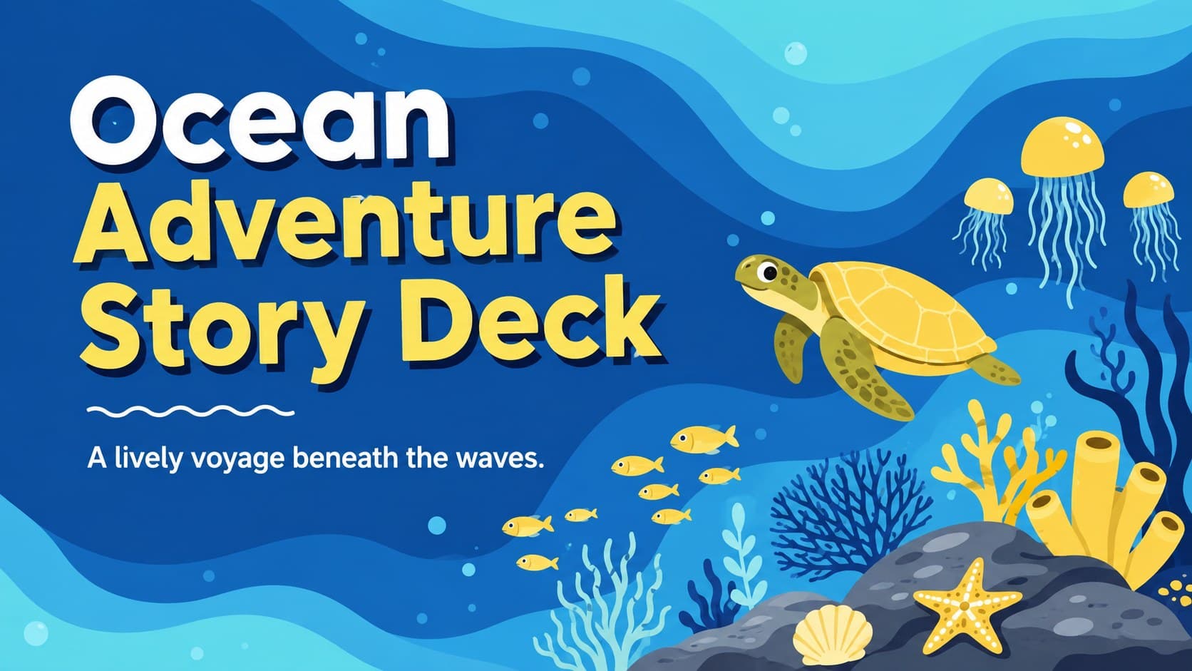 Ocean Adventure Story Deck cover with cheerful sea creatures, bubbles, coral, and a bright blue-and-yellow underwater setting.