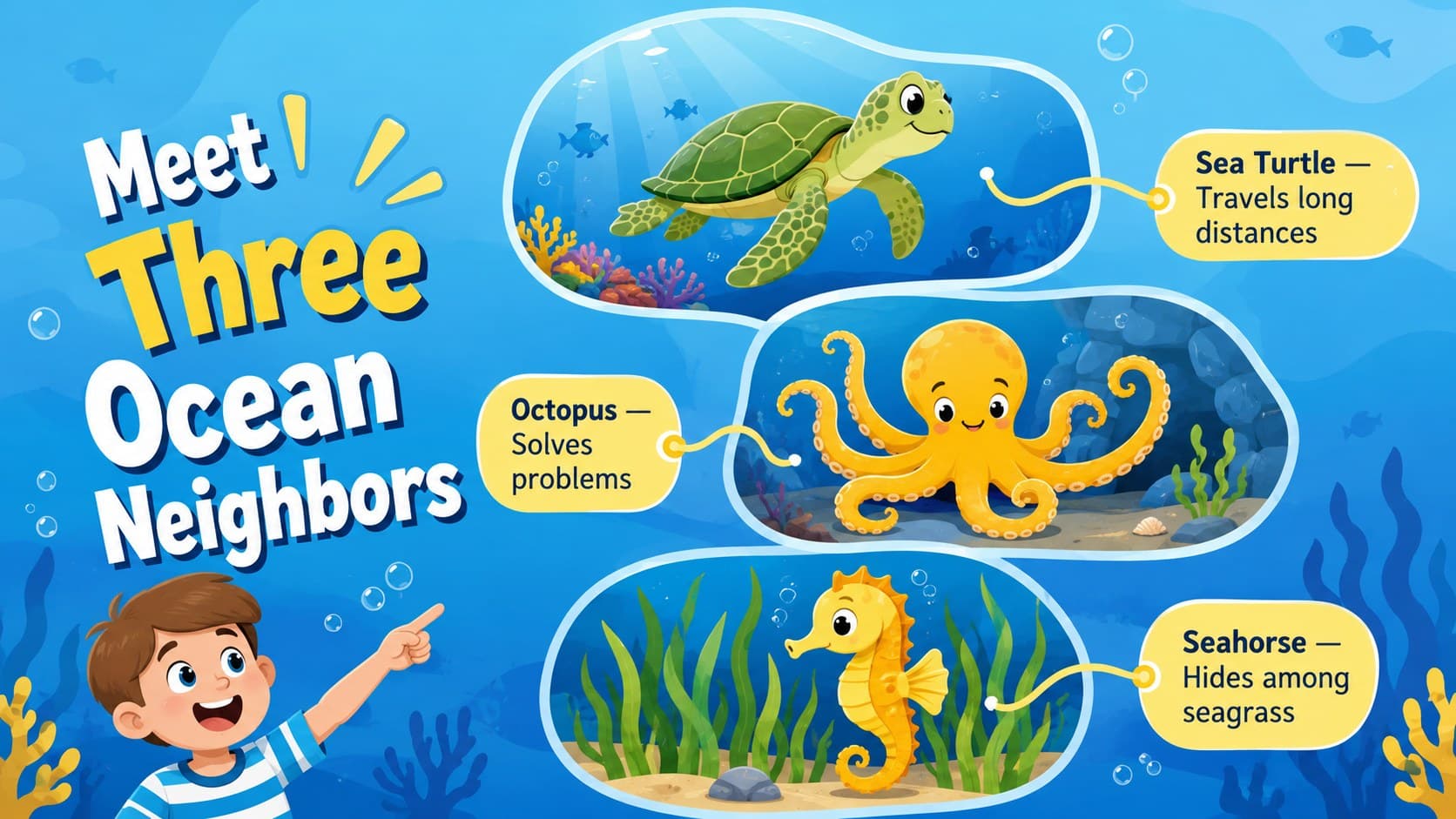 Marine classroom presentation slide showing three original sea animals with short fact captions.