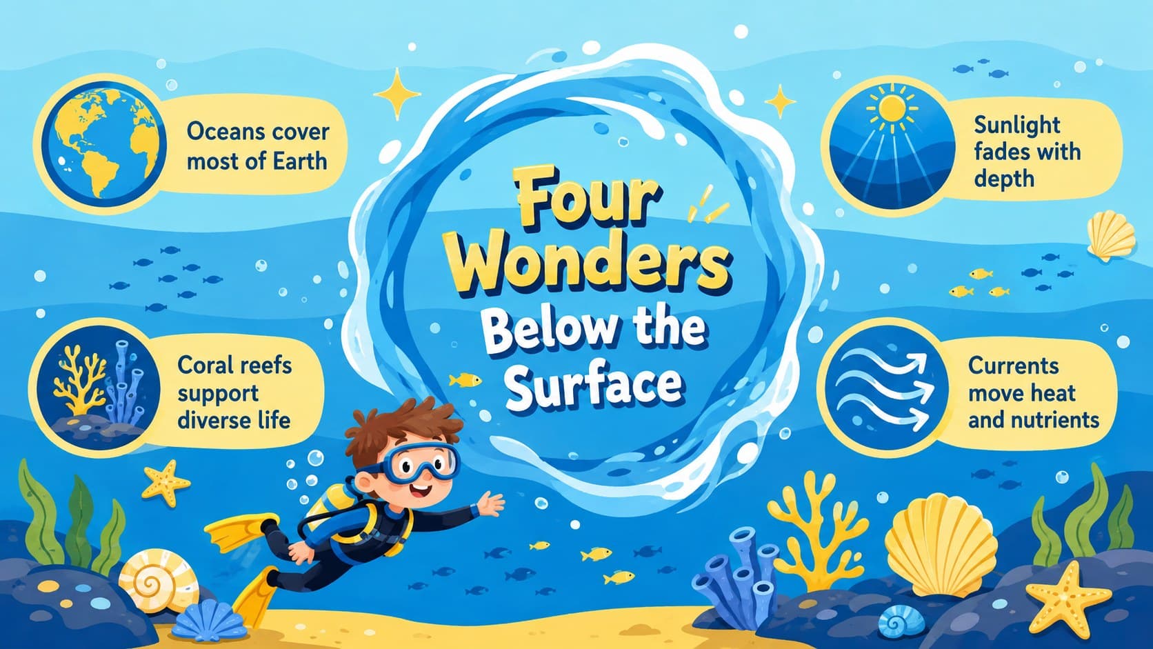 Ocean project presentation deck slide with four illustrated marine facts arranged around a central wave motif.