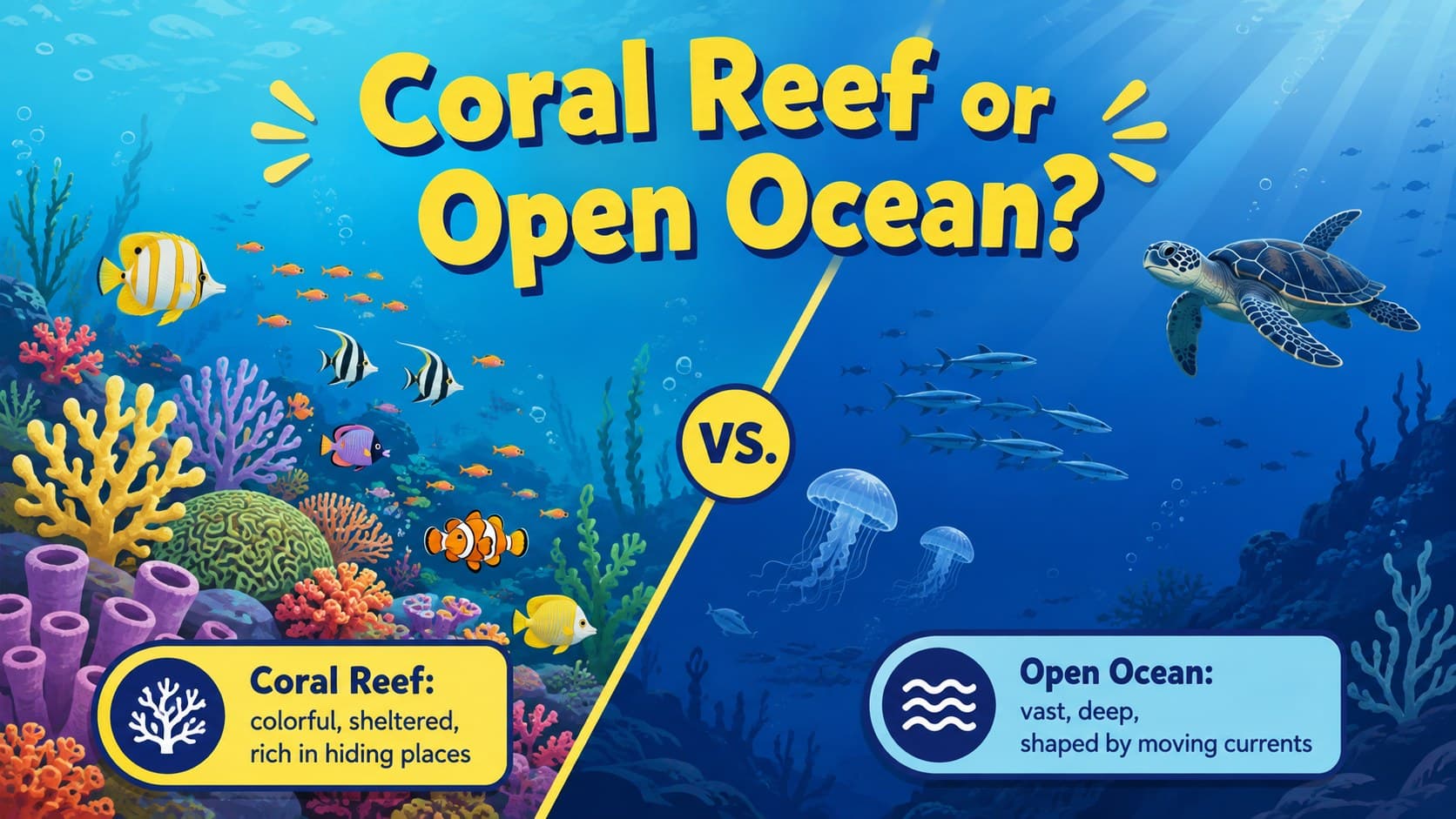 Blue-and-yellow ocean slide comparing coral reefs and open water with illustrated habitat details.