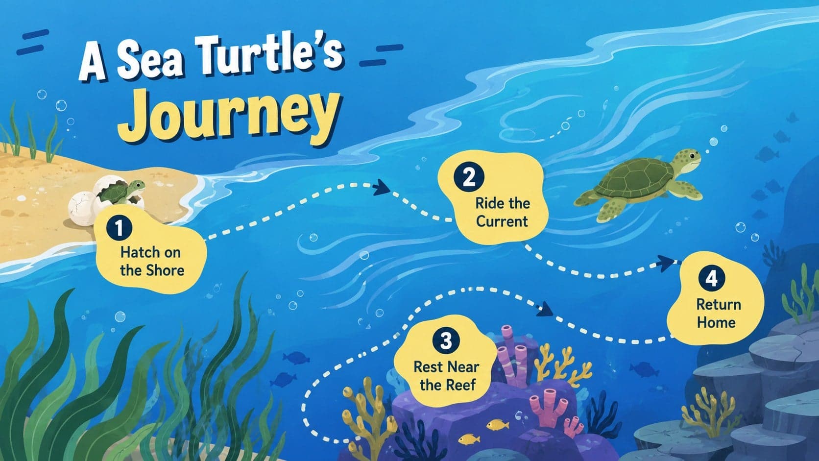 Underwater story presentation slide mapping a sea turtle's journey through four ocean locations.
