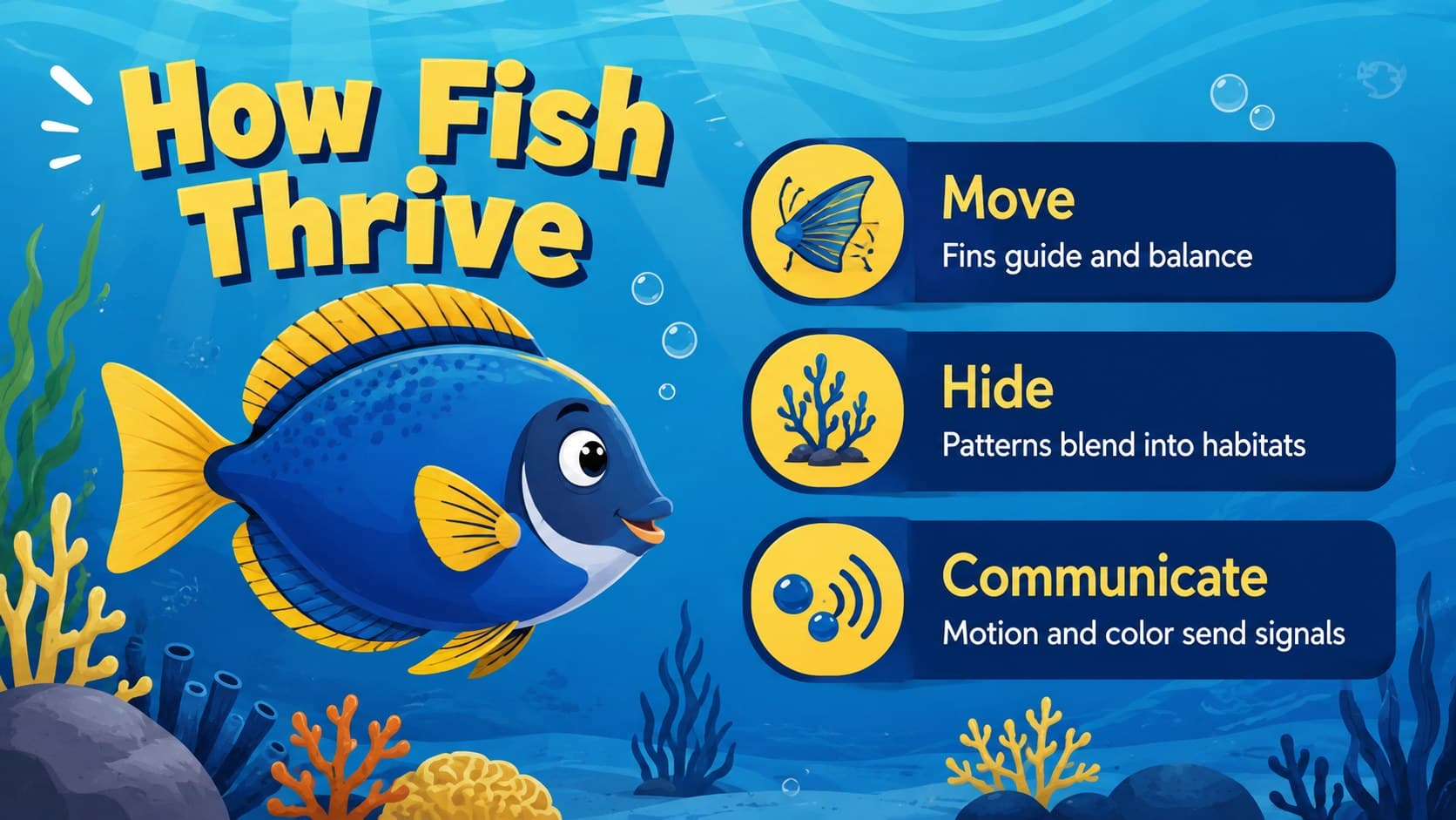 Sea life lesson slide explaining how fish move, hide, and communicate through three illustrated examples.