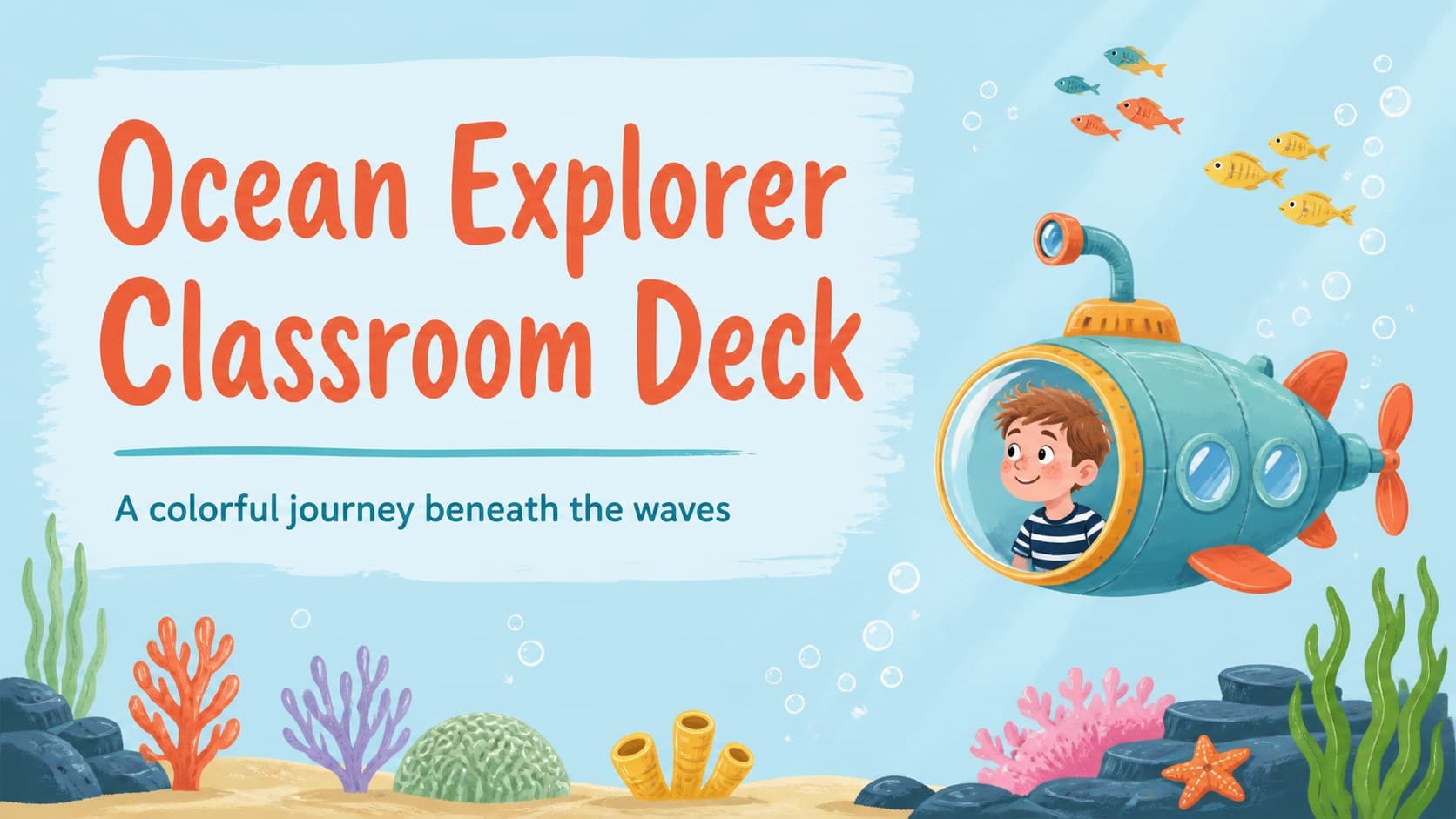 Pastel illustrated cover introducing an ocean exploration classroom deck with sea life and coral reef details.