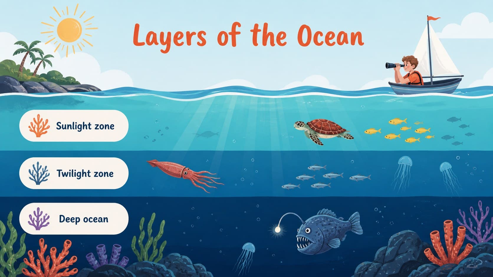Illustrated ocean zones lesson slide with pastel water layers and labeled marine habitats.