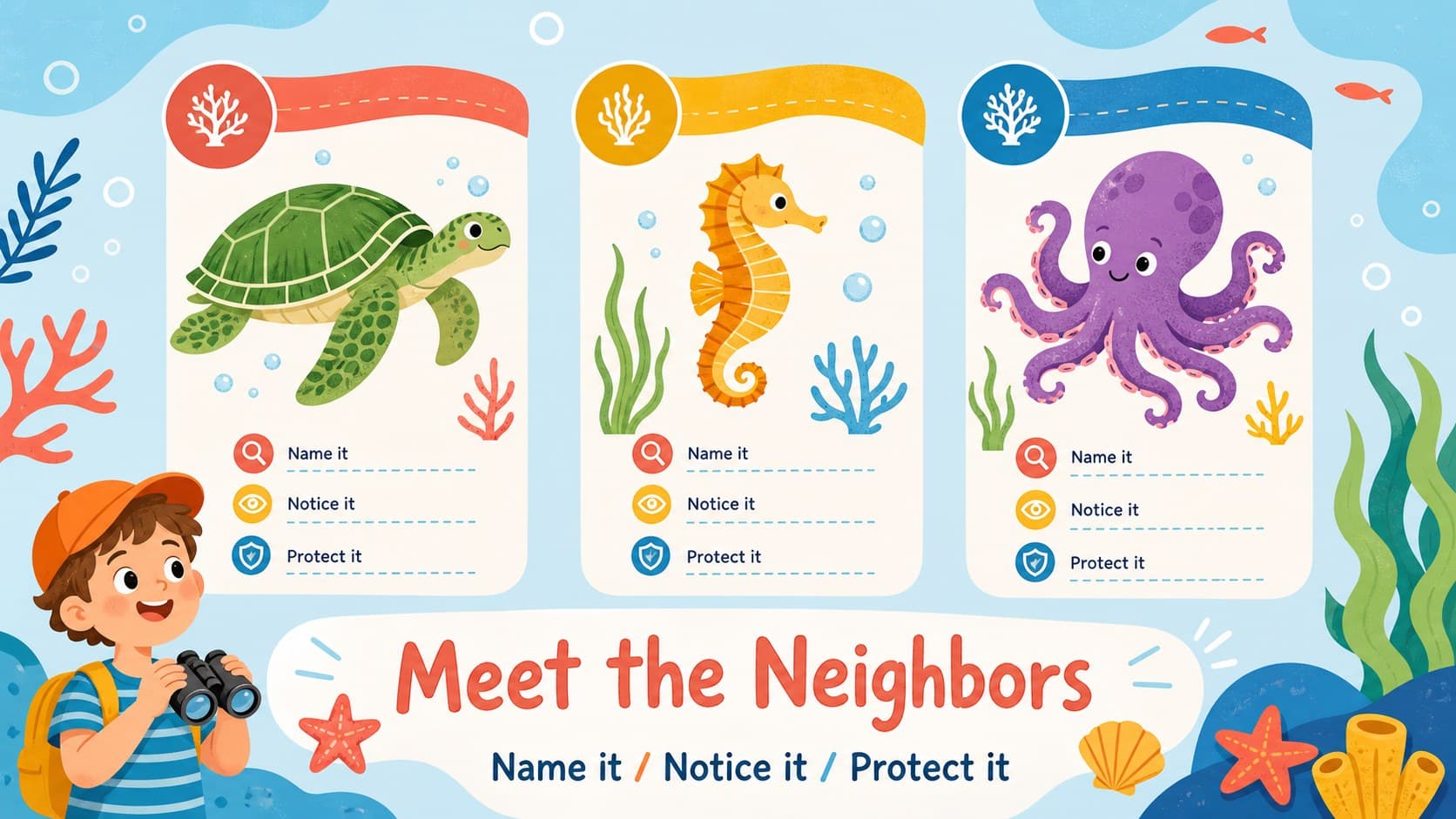 Pastel sea life identification slide featuring illustrated fish, turtle, and octopus examples.