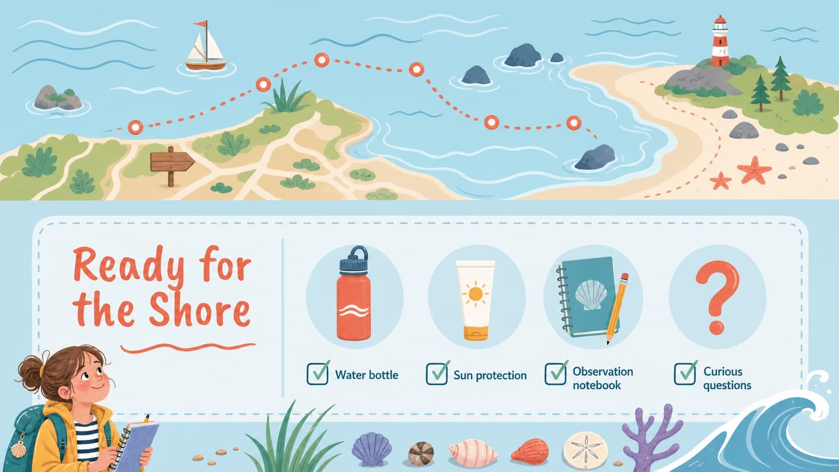 Pastel field trip briefing slide with a sea visit checklist and underwater map illustration.