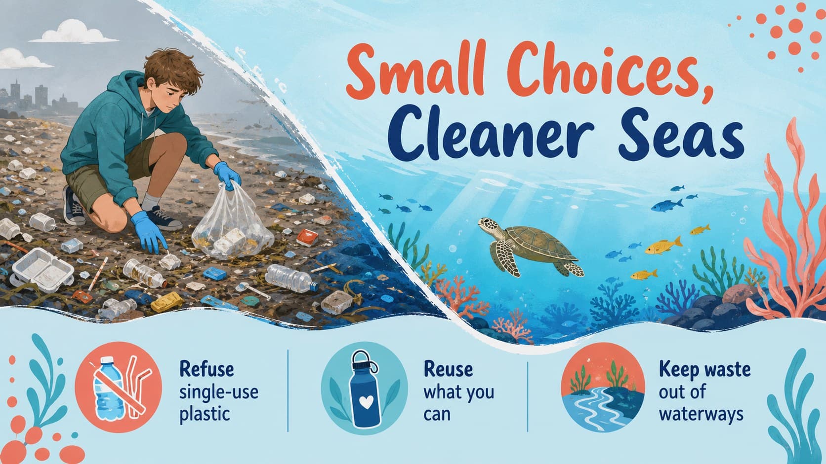 Ocean conservation lesson slide presenting causes of marine pollution and simple student actions.