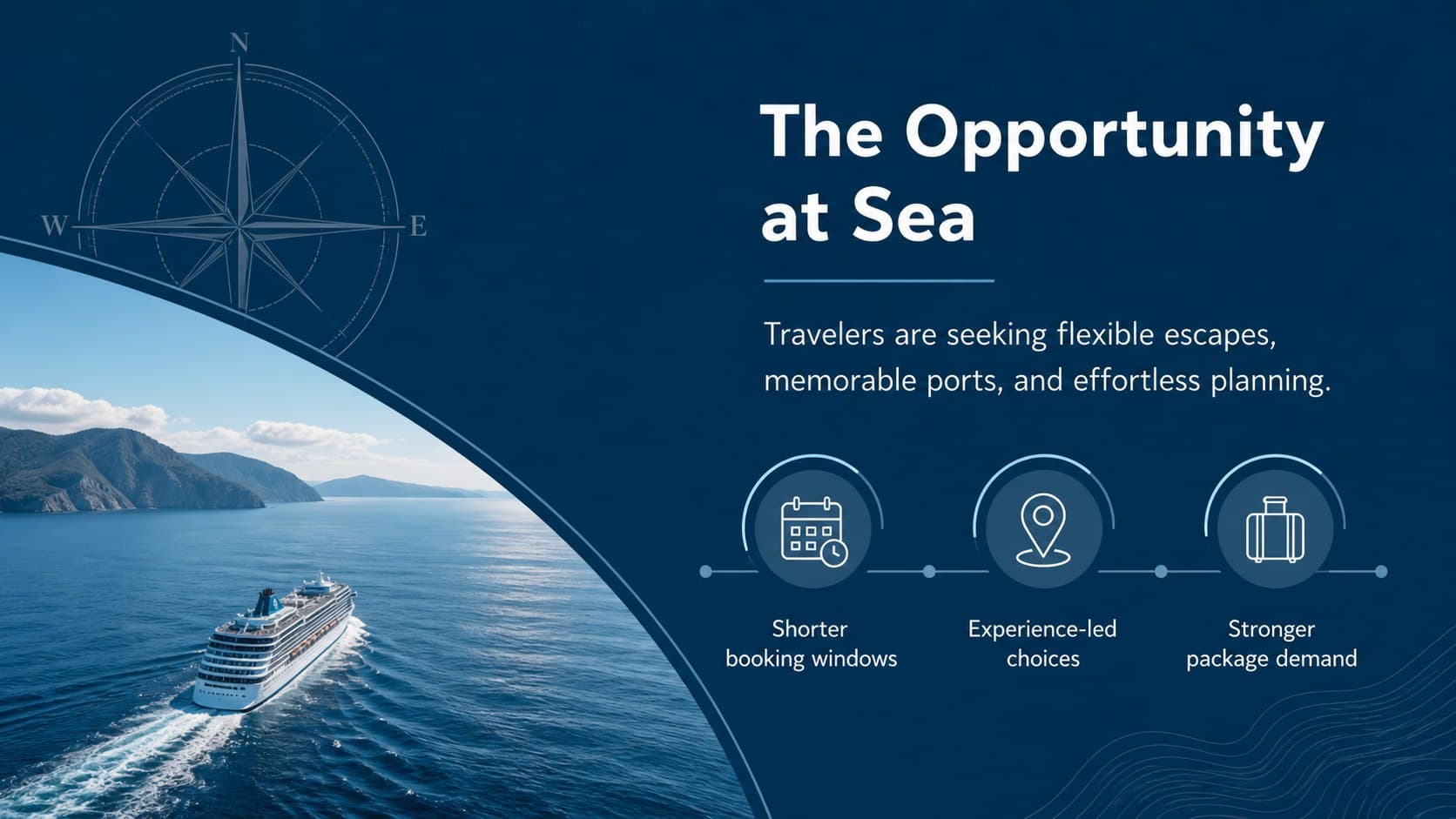 Cruise marketing campaign presentation slide outlining the market opportunity and booking trends.