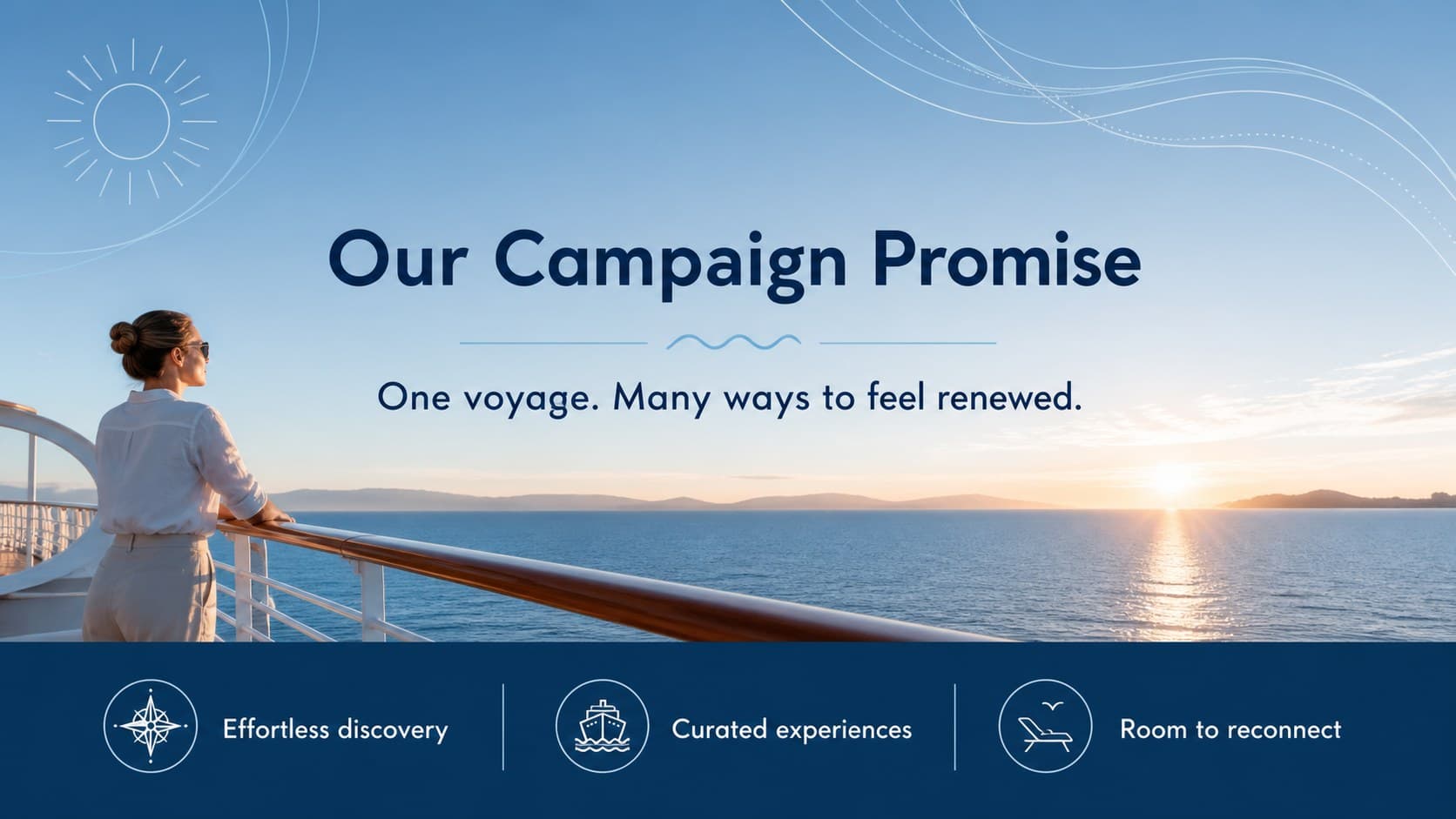 Travel agency cruise proposal slide defining a clear campaign promise and supporting benefits.