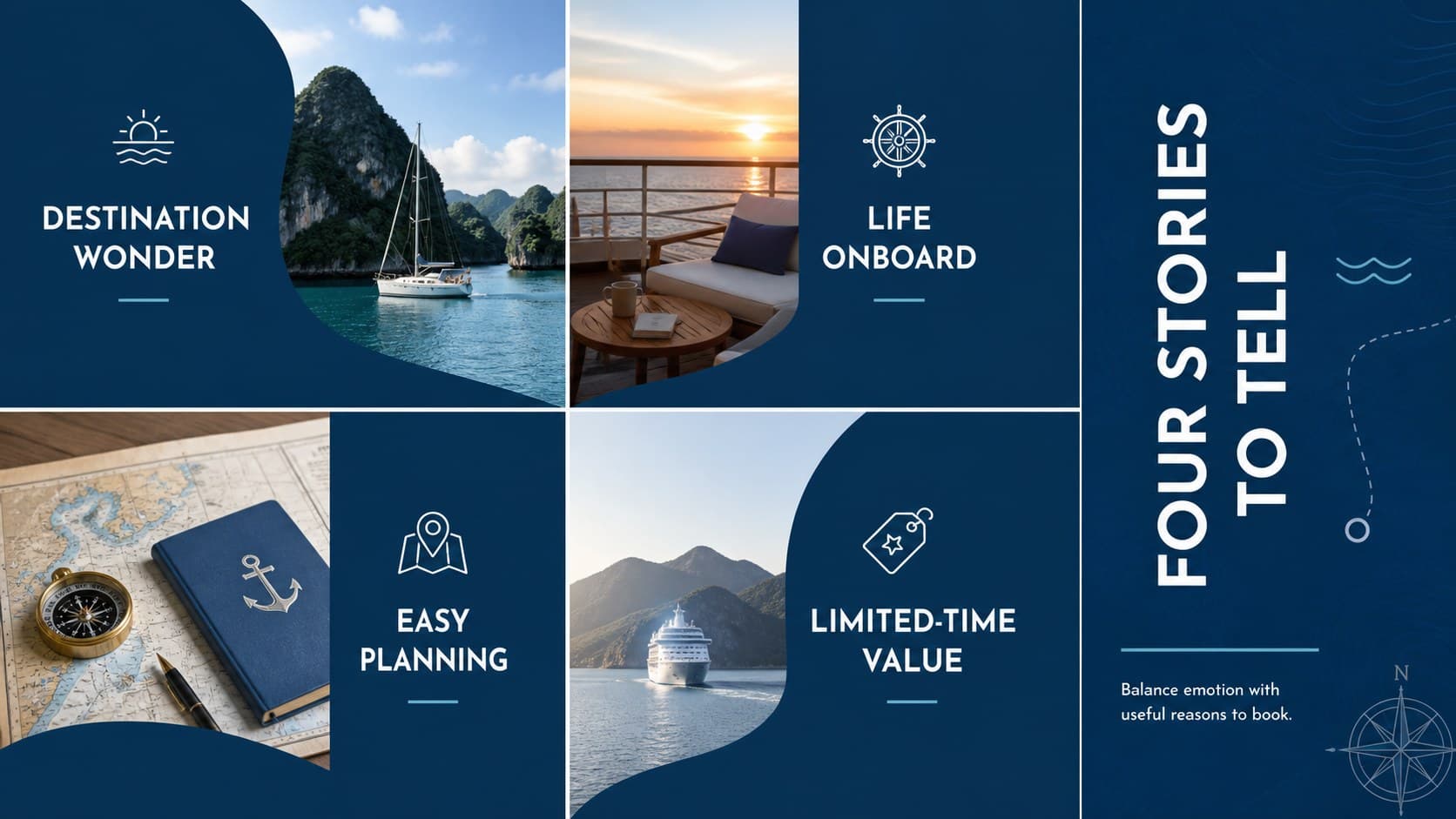 Blue minimalist cruise presentation slide organizing destination, onboard, planning, and offer content pillars.