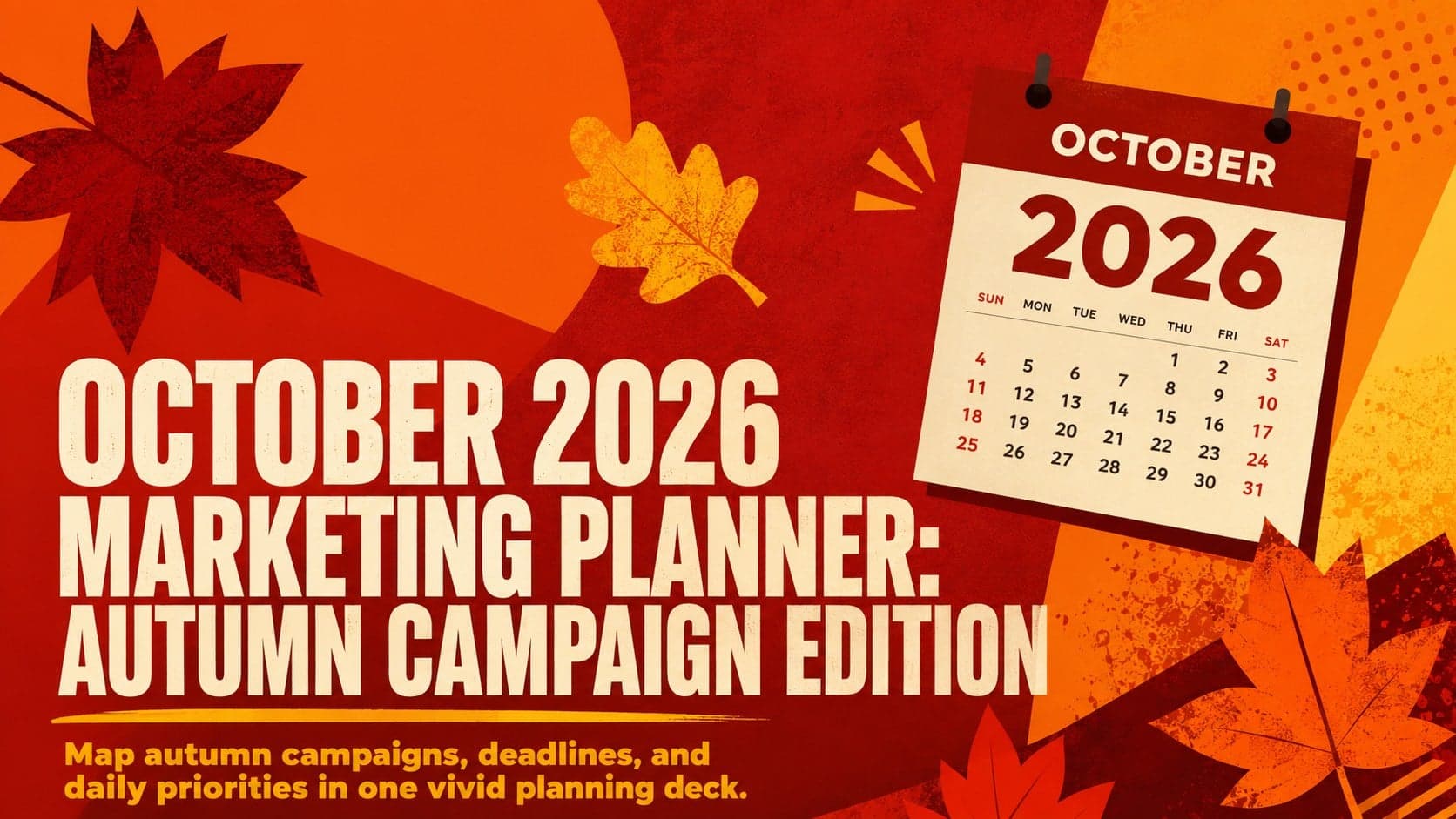 Cover of the October 2026 marketing planner in bold orange and red autumn styling.