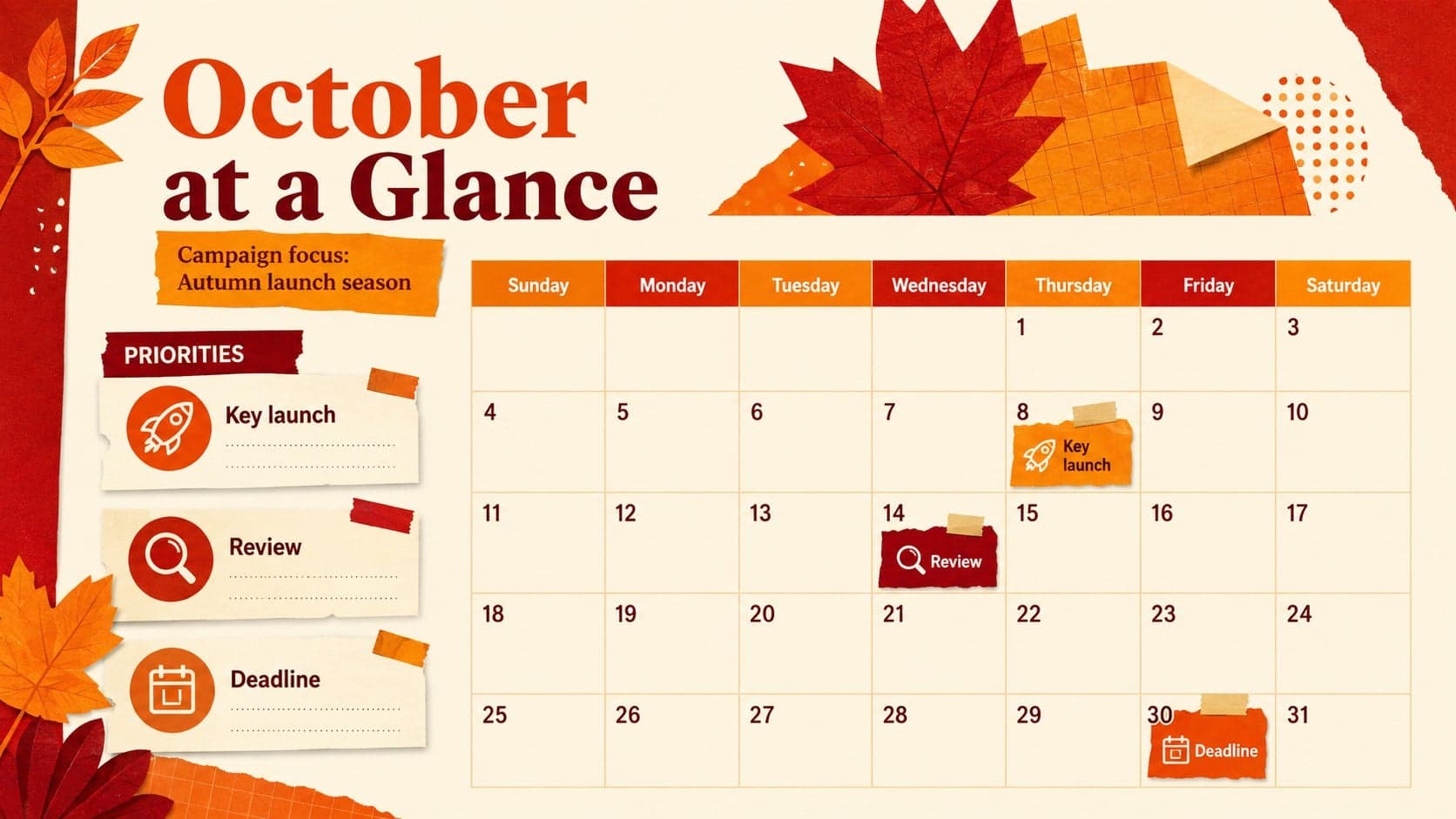 October 2026 content calendar slide showing monthly campaign dates and deadlines.