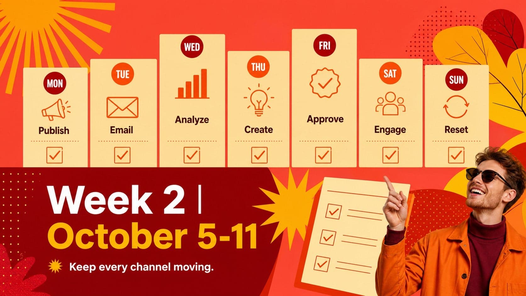Bold daily marketing schedule for the second week of October 2026.