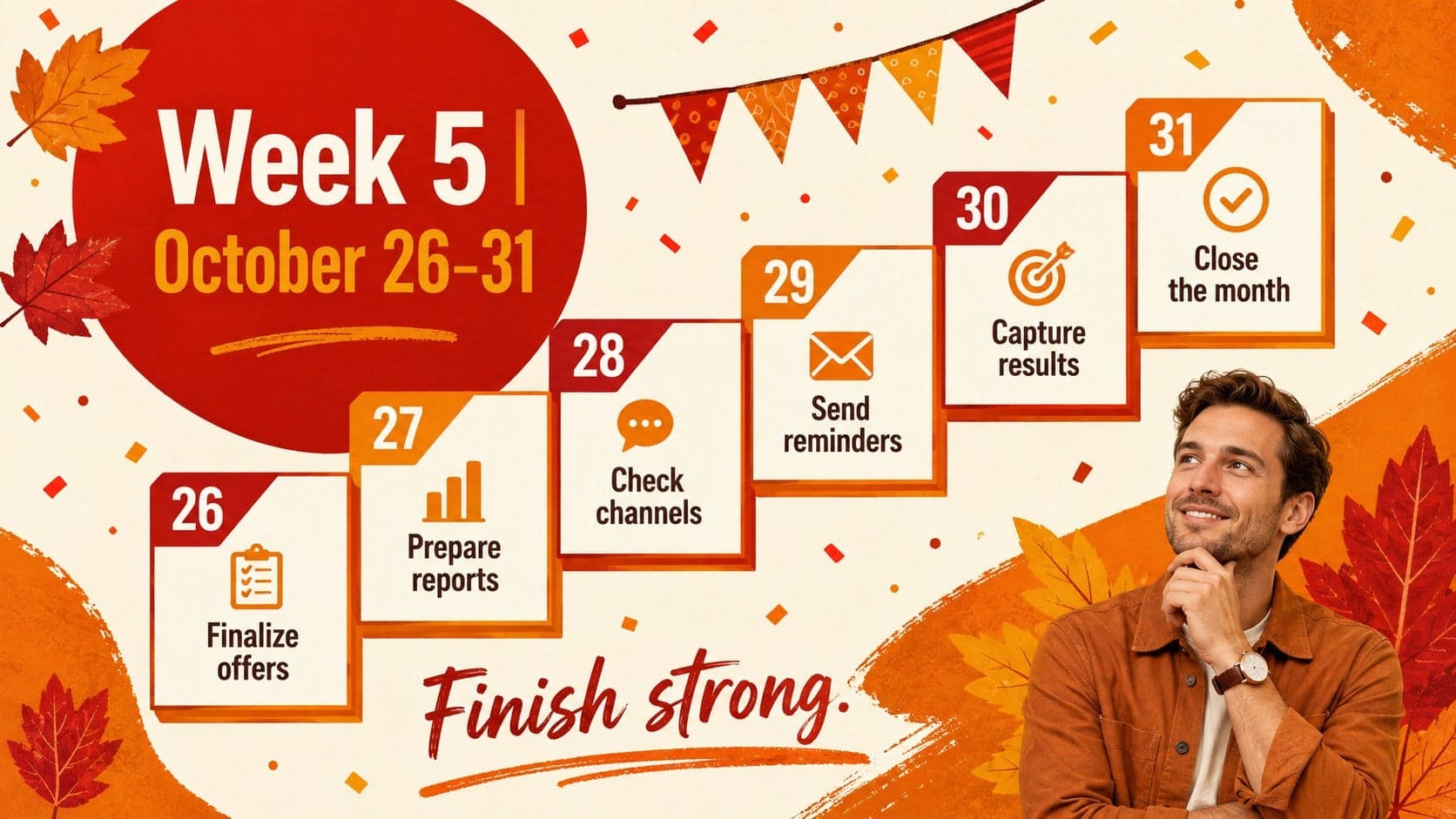 October promotional timeline template showing final campaign tasks from October 26 to 31.