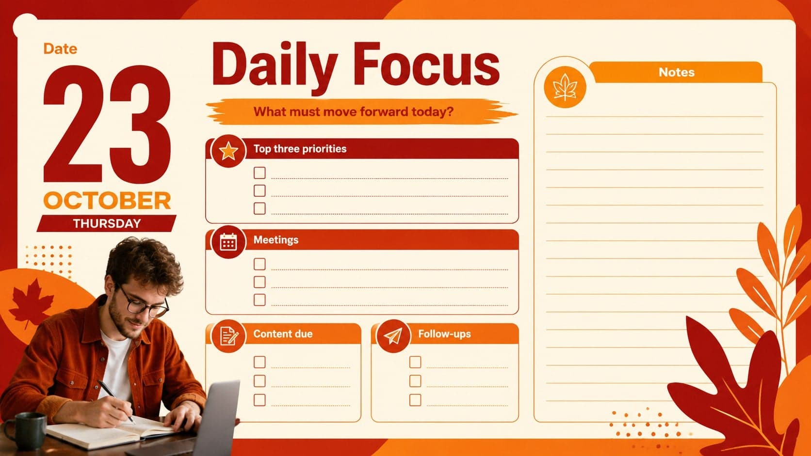 Daily focus page from an October 2026 marketing planner with priorities, meetings, and notes.