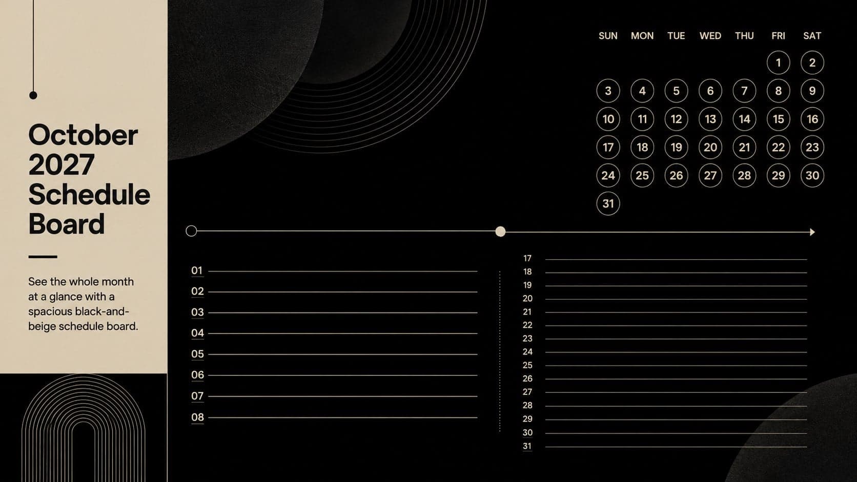 Cover for the October 2027 schedule board with bold typography and a minimalist black-and-beige calendar layout.