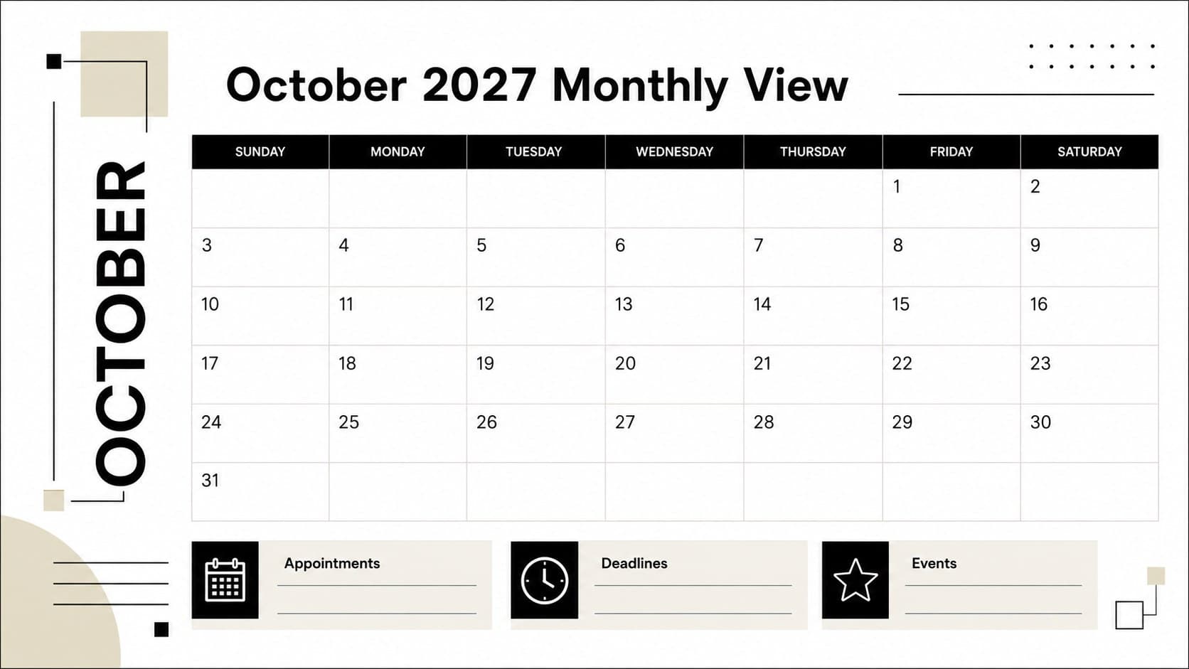 Editable October 2027 monthly calendar with roomy date cells for appointments, events, and deadlines.