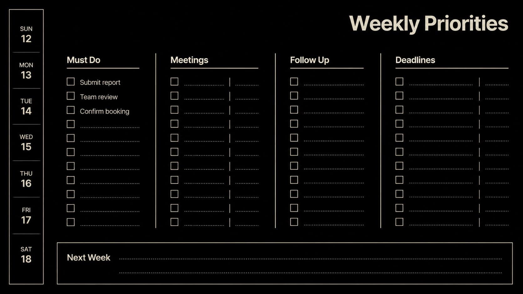 Weekly priorities page for an October 2027 work schedule with task columns and a deadline area.
