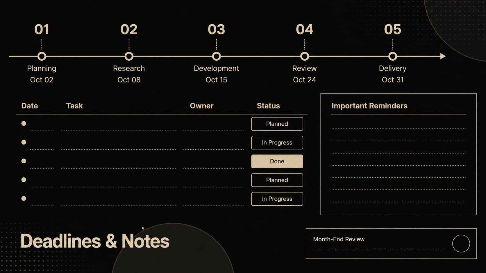 October 2027 deadline tracker and notes layout in a minimalist black-and-beige presentation style.