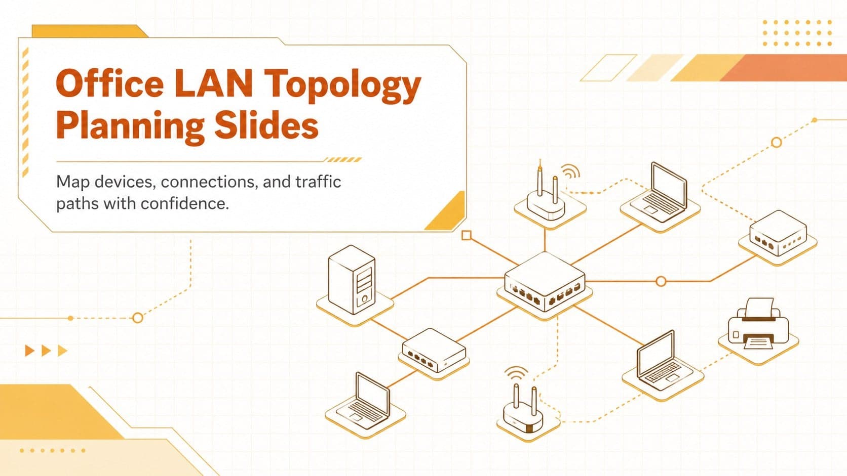 Cover for Office LAN Topology Planning Slides featuring a professional yellow-orange network planning whiteboard.