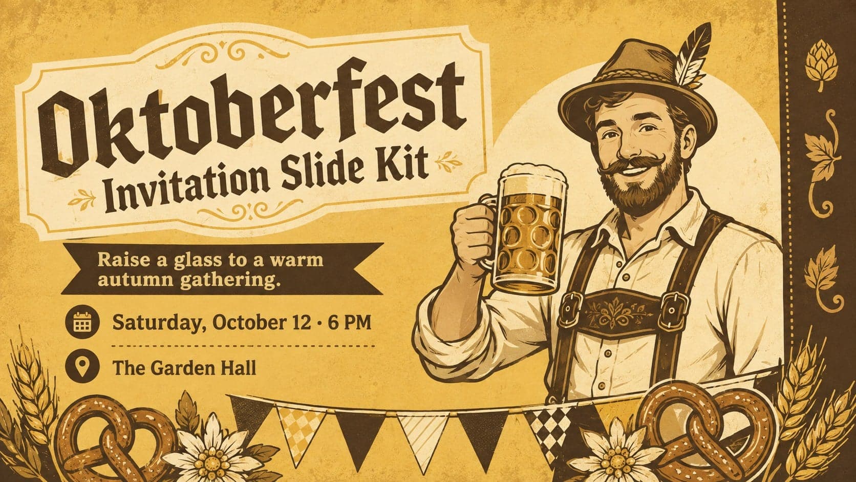 Cover of an Oktoberfest invitation slide kit with yellow and brown festival illustrations, bold lettering, and editable event details.