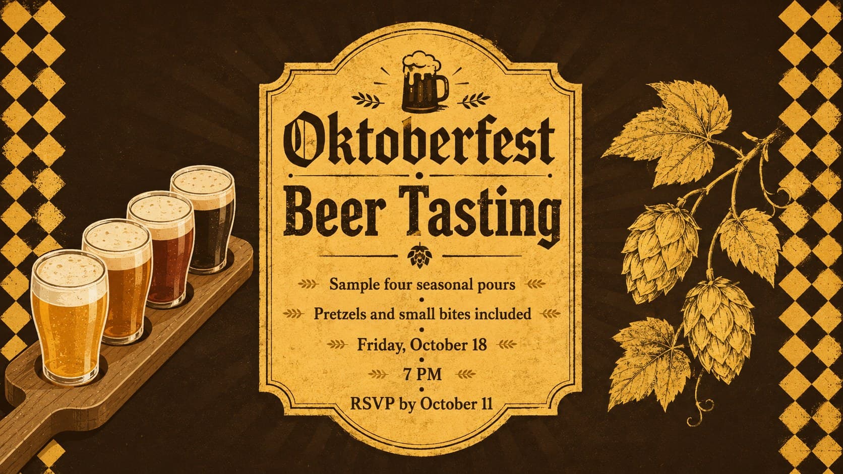 Editable Oktoberfest beer tasting invitation with a rustic yellow-and-brown layout, stein artwork, and RSVP information.