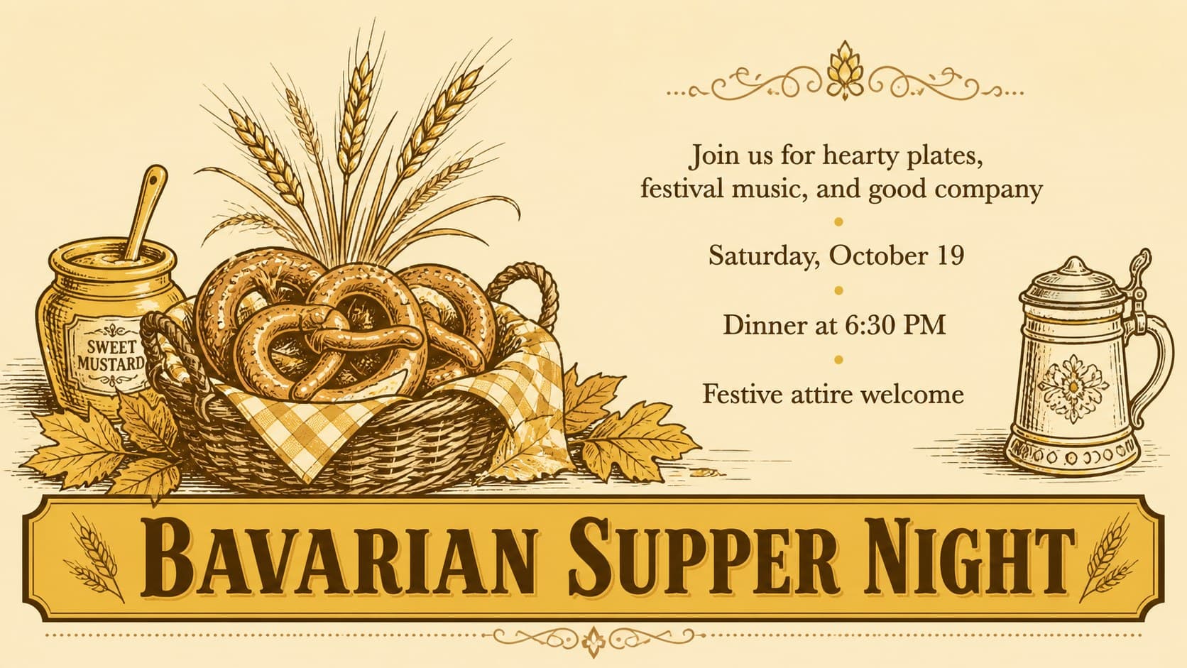 Rustic Bavarian supper invitation slide featuring illustrated food, autumn foliage, and clear Oktoberfest event details.