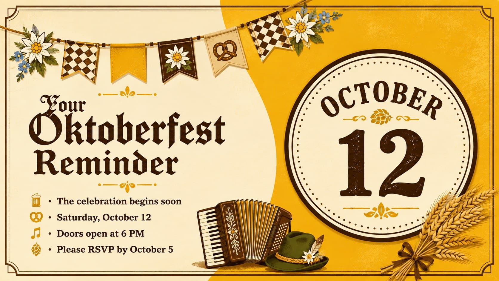 Oktoberfest party reminder slide in yellow and brown with festive bunting, alpine flowers, and RSVP details.